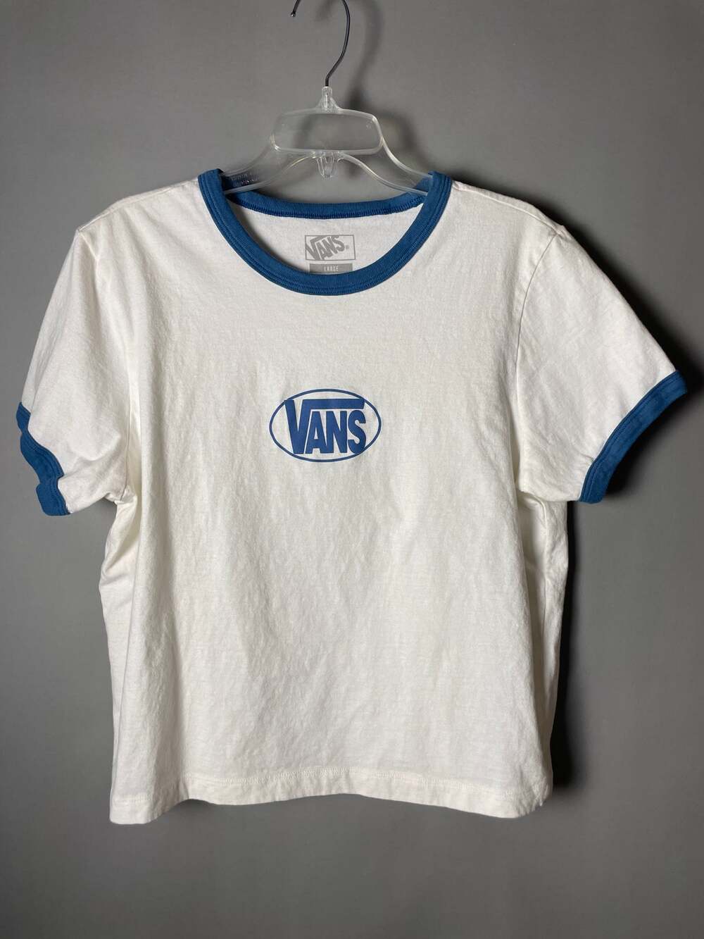 Vans Women's Large White Blue Ringer Crop Graphic T-Shirt